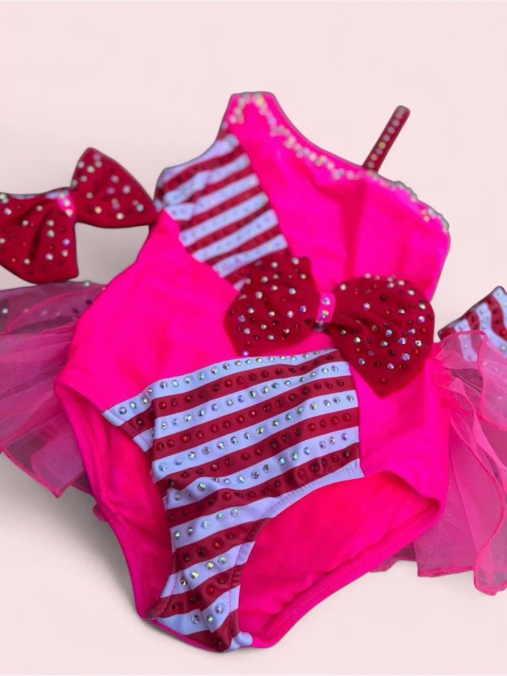 Glamour Hot Pink Candy Stripe Tutu Leotard w Red Bow Dance Halloween Costume SzS